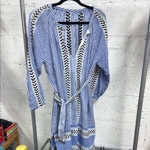 Lemlem Blue and White Patterned Dress with Belt - Like New - Size Small